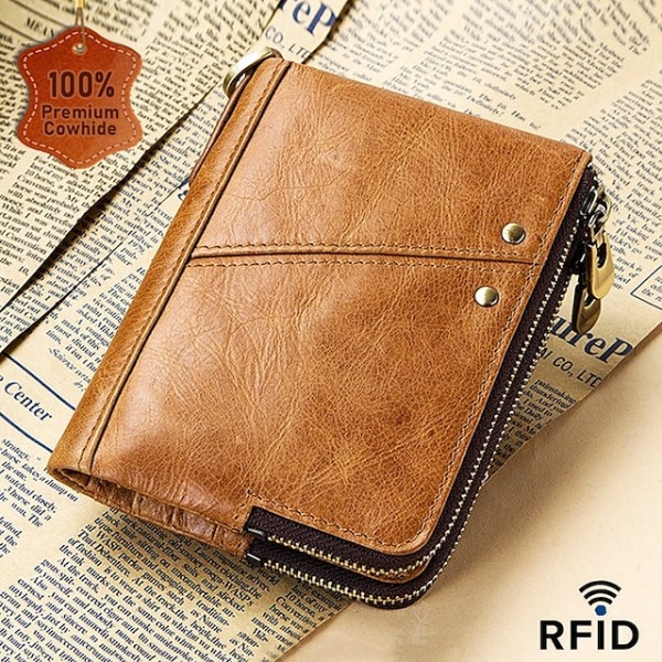 Men's Wallet Credit Card Holder Wallet Leather Cowhide Office Shopping Daily Rivet Zipper Large Capacity RFID Blocking Solid Color Black Red Brown