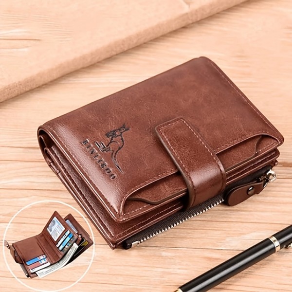Men's Vintage Faux Leather Wallet - Bifold with Zipper, Multi-Card Slots, RFID Blocking, and Secure Snap Closure