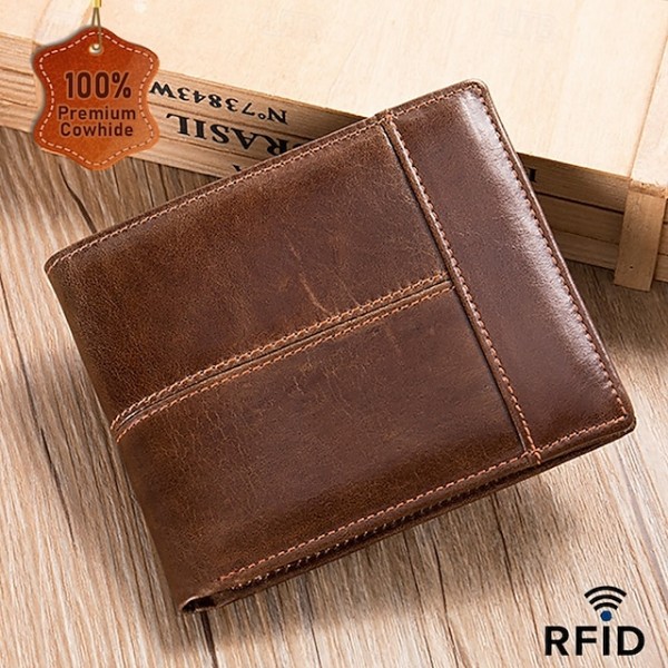 Men's Vintage Brown Genuine Leather RFID Blocking Bifold Wallet with Multiple Card Slots - Classic Slim Design