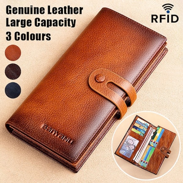 Men's Genuine Leather Long Wallet 鈥?Vintage Bifold Clutch with Card Slots & Coin Pocket for Business & Casual Use