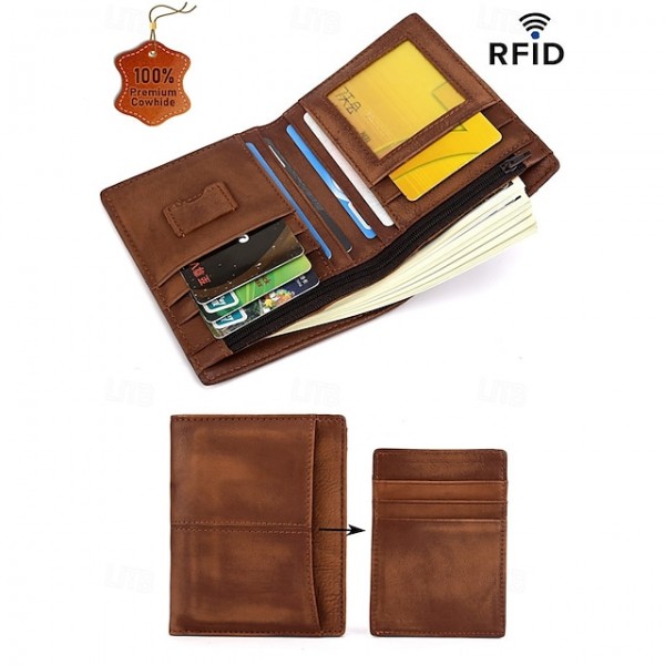 Men's RFID Blocking Bifold Wallet with Removable Card Holder 鈥?100% Premium Cowhide Leather, Multi-Card Organizer, Classic Brown Style for Daily Use & Ideal Father's Day Gift