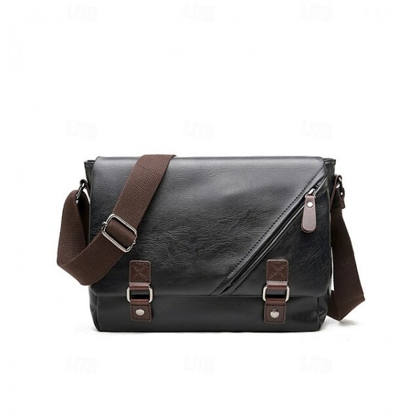 Men's Faux Leather Messenger Bag 鈥?Vintage Business Shoulder Bag with Adjustable Strap and Buckle Detail, Professional Briefcase for Office, Work and Travel