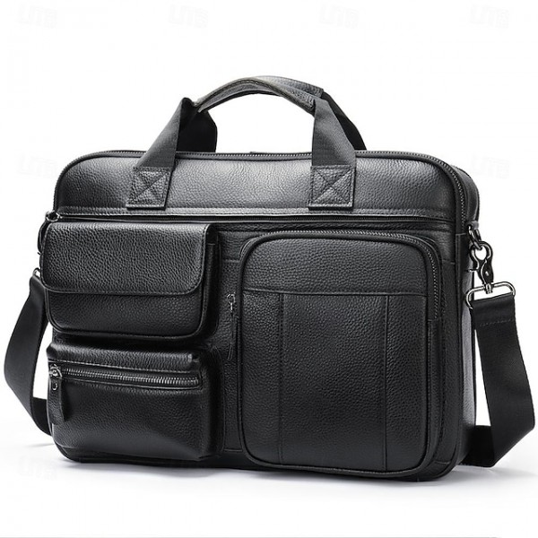 Men's Shoulder Bag Briefcase Laptop Bag Messenger Bag Cowhide Office Zipper Adjustable Large Capacity Durable Solid Color Black