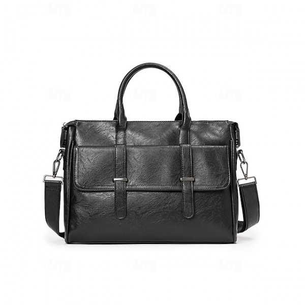 Men's Black Leather Tote Briefcase - Large Business Tote with Top Handle and Laptop Compartment, Professional Office Bag for Work and Meetings