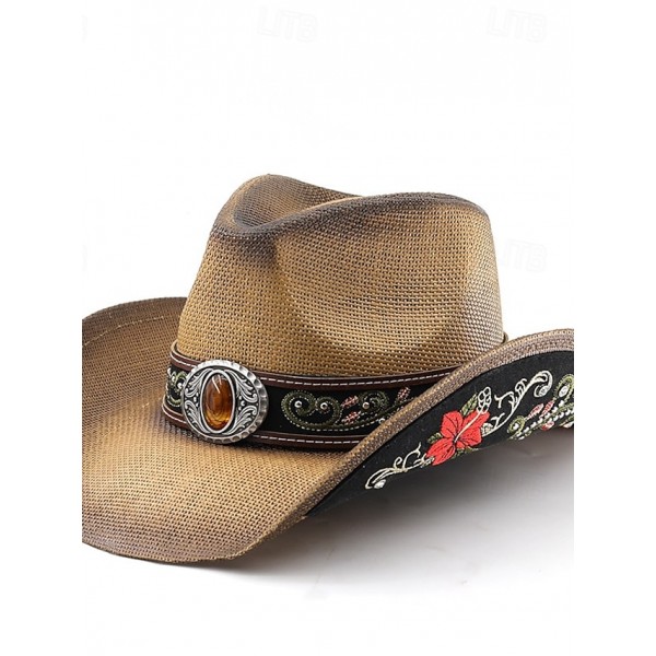 Men's Straw Hat Sun Hat Cowboy Hat Fedora Trilby Hat Black White Polyester Vintage Style Fashion 18th Century State of Texas Daily Theme Party Boho / Paisley / Damask Sunscreen Cosplay