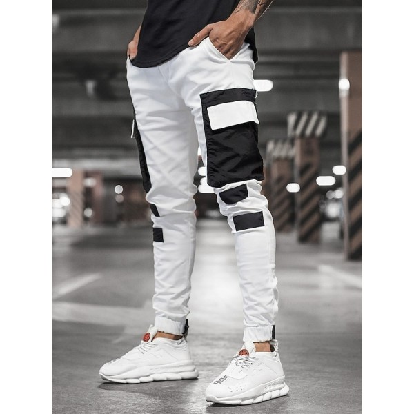 Men's Sweatpants Joggers Cargo Pants Patchwork Drawstring Elastic Waist Color Block Pants Sports Outdoor Daily Wear Cotton Blend Streetwear Sporty Slim White Black / Spring / Fall