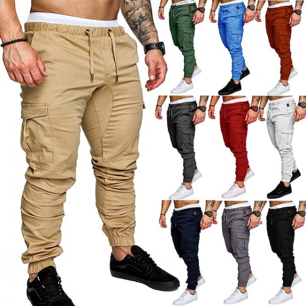 ten-color men's casual tethered elastic sports tooling solid color straight trousers