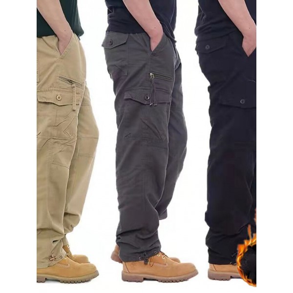 Men's Trousers Work Pants Winter Pants Zipper Multiple Pockets Solid Color Comfort Breathable Pants Casual Daily Fashion Plus velvet ArmyGreen Black Micro-elastic