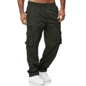 men's casual straight cargo pants multi-pocket loose work pants outdoor trousers sports fitness cargo pants black khaki straight-leg pants with elastic waist
