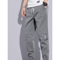 Men's Joggers Sweatpants Trousers Pocket Drawstring Multiple Pockets Solid Color Breathable Outdoor Full Length Pants Casual Daily Stylish Casual Black Light gray Micro-elastic