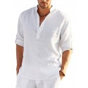 Men's Shirt 100% Slub Cotton Solid Color Henley Street Casual Daily Button-Down Short Sleeve Tops Fashion Comfortable Breathable White Summer Vacation Holiday Beach Outdoor Lightweight Quick Dry