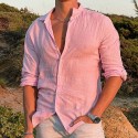 Men's Linen Cotton Shirt Solid Color Turndown Street Casual Daily Outdoor Button-Down Long Sleeve Tops Casual Fashion Breathable Comfortable Lightweight Beach Pink Summer Fall Autumn