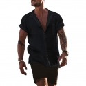 Men‘s Cotton Linen Henley Shirt Short Sleeve Hippie Casual Beach T Shirts