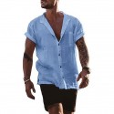 Men‘s Cotton Linen Henley Shirt Short Sleeve Hippie Casual Beach T Shirts