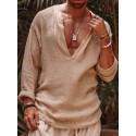 Men's Shirt Solid Color V Neck Street Casual Long Sleeve Tops Casual Fashion Breathable Comfortable Beige Summer Shirts Beach