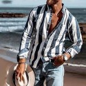 Men's Shirt Striped Stand Collar Blue / White Long Sleeve Outdoor Street Button-Down Tops Fashion Casual Breathable Comfortable / Summer / Spring / Summer