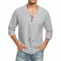Men's Shirt Solid Color V Neck Drawstring Party Casual 3/4 Length Sleeve Tops Casual Daily Streetwear Beach Vacation Holiday Summer Fall Shirts Comfortable Lightweight White