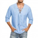Men's Shirt Solid Color V Neck Drawstring Party Casual 3/4 Length Sleeve Tops Casual Daily Streetwear Beach Vacation Holiday Summer Fall Shirts Comfortable Lightweight White