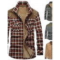 men's long sleeve shirt retro fleece casual button down cotton thermal sherpa lined warm winter flannel plaid splicing shirt jacket brown