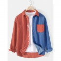 Men's patchwork corduroy color block long sleeve shirts with pocket