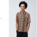 Men's Multicolored Striped Print Linen Short Sleeve Shirt With Pocket