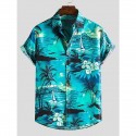 Men's Shirt Zebra Collar Button Down Collar Blue Short Sleeve Other Prints Daily Going out collared shirts Print Slim Tops Boho Beach