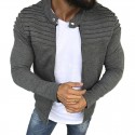 mens long sleeve striped pleated coat solid color cardigan jacket zip up outwear (grey, m)