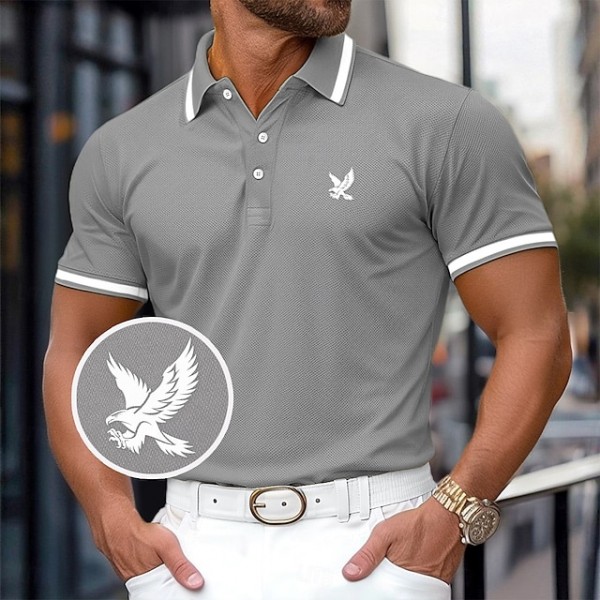 Men's Cotton Polo Shirt Golf Shirt Work Casual Lapel Ribbed Polo Collar Short Sleeve Basic Modern Color Block Eagle Patchwork Buttons Spring & Summer Regular Fit Yellow Burgundy Navy Blue Grey Cotton