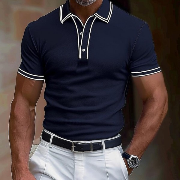 Men's Cotton Polo Shirt Golf Shirt Work Business Ribbed Polo Collar Classic Short Sleeve Basic Modern Solid Color Patchwork Buttons Spring & Summer Regular Fit Dark Grey Black Burgundy Navy Blue
