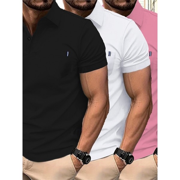 Multi Packs 3pcs Men's Lapel Short Sleeves Black+Navy Blue+Dark Green Button Up Polos Golf Shirt Golf Polos Shirts Plain Vacation Daily Wear Polyester Summer