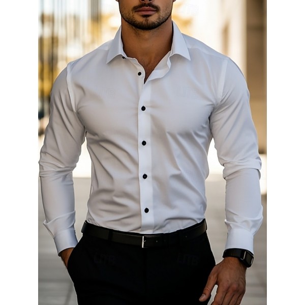 Men's Daily Dress Casual Shirt Standard Fit Long Sleeve Lapel Summer Solid Color Polyester Black White Grey 2025