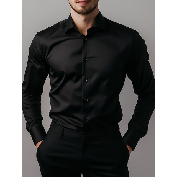 Men's Daily Party Dress Casual Shirt Standard Fit Long Sleeve Lapel Solid Color Polyester Black 2025