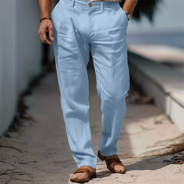 Men's Dress Pants Linen Pants Trousers Summer Pants Beach Pants Front Pocket Straight Leg Plain Comfort Breathable Full Length Formal Business Holiday Fashion Basic White Navy Blue