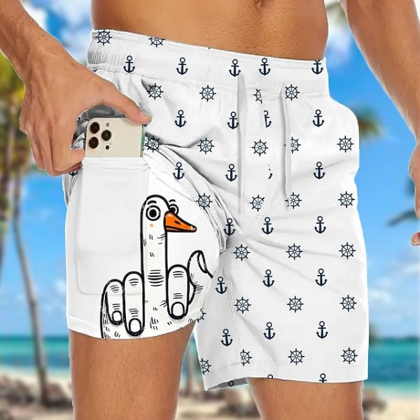 Men's Anchor Funny Duck Lined Shorts 2 in 1 Board Shorts Swim Shorts Mid Waist Hawaiian Vacation Beach Wear Side Pockets With Compression Liner Elastic Drawstring Waist Designer Clothing Apparel
