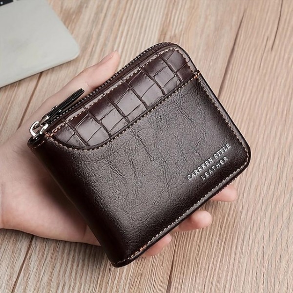 Men's Faux Leather Bifold Wallet 鈥?Vintage Style Zipper Coin Purse with Card Slots, Compact Design for Business & Casual Use