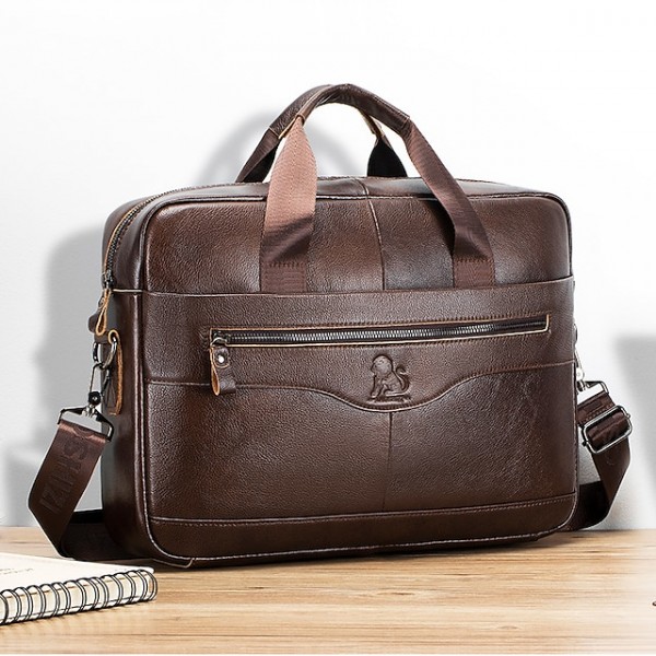 Premium Brown Leather Briefcase - Elegant Business Laptop Bag with Multiple Pockets, Durable for Professional Use and Travel