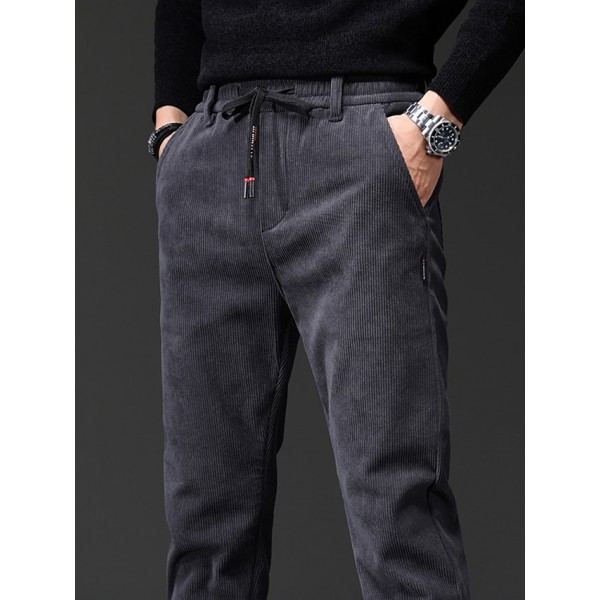 Men's Straight Trousers Winter Pants Drawstring Elastic Waist Solid Color Comfort Breathable Pants Casual Daily Corduroy Sports Fashion Loose Fit Black Dark Gray Micro-elastic / Elasticity