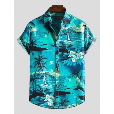 Men's Shirt Zebra Collar Button Down Collar Blue Short Sleeve Other Prints Daily Going out collared shirts Print Slim Tops Boho Beach