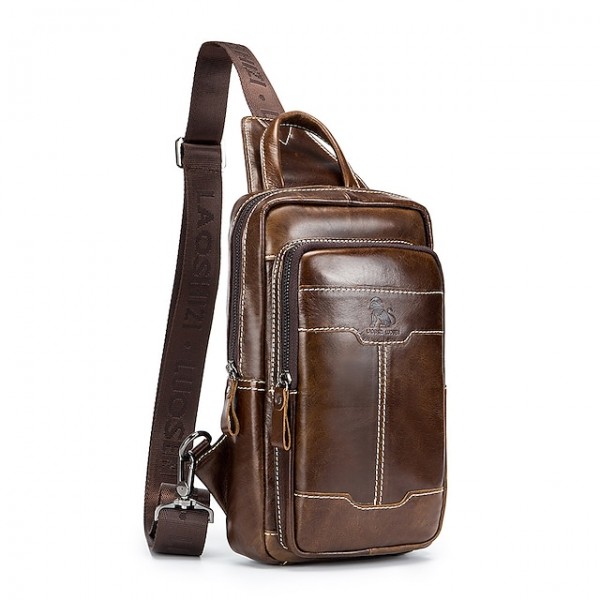 Men's 2022 Messenger Bag Sling Shoulder Bag Chest Bag Cowhide Zipper Plain Fashion Daily Outdoor Brown Coffee